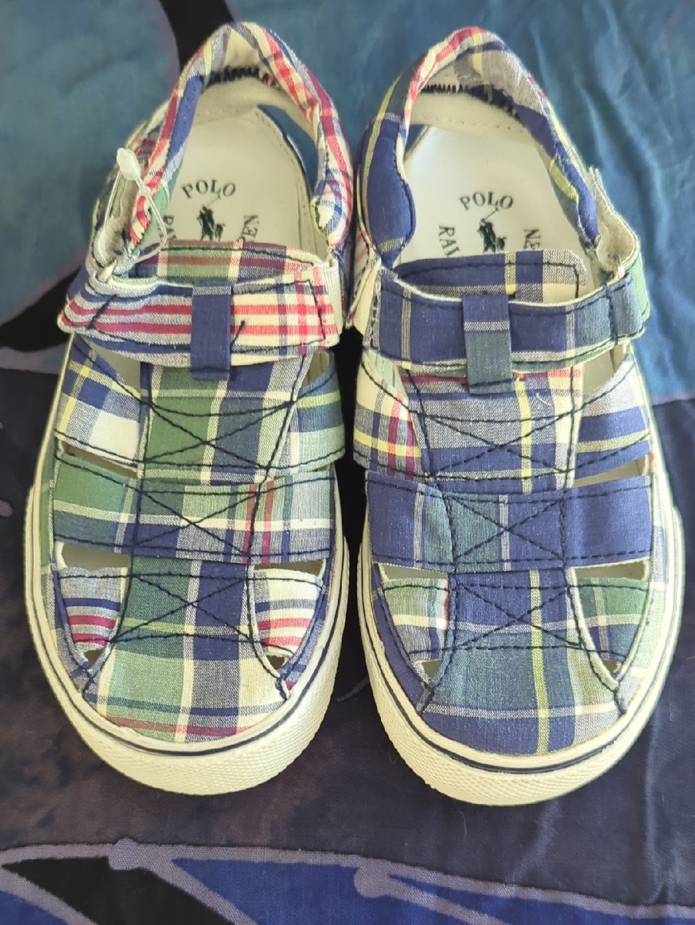 New Polo by Ralph Lauren Kids Madras Plaid Fisherman Sandal Sneaker Shoe 9 25.5